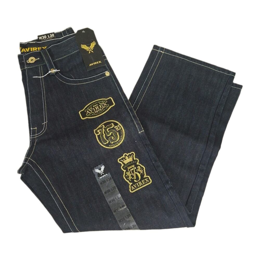 Vtg AVIREX Baggy Jeans 30x30 Dark Wash Embroidered Patches 75th Y2K Hip Hop